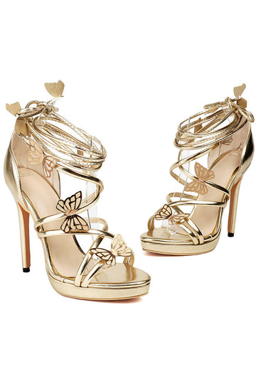 Sandalias de tacón Stilletos con tiras metálicas doradas para mujer con mariposa